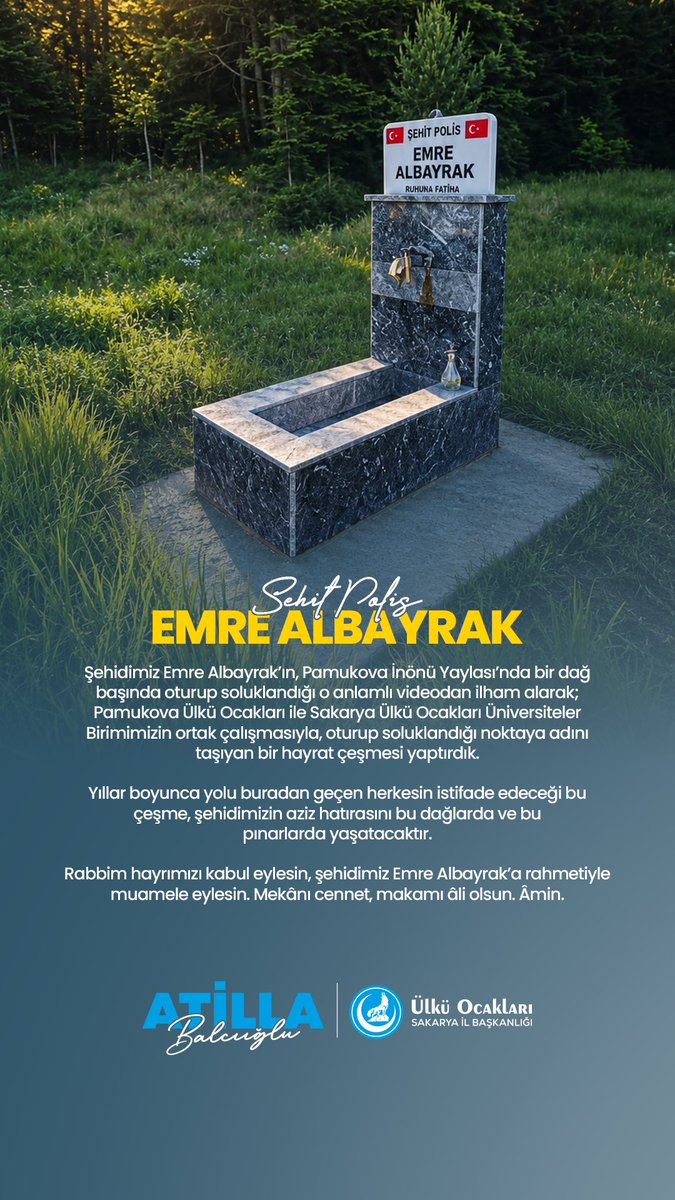 atillabalciogl's tweet photo. Şehidimiz Emre Albayrak’ın, Pamukova İnönü Yaylası’nda bir dağ başında oturup soluklandığı o anlamlı videodan ilham alarak; Pamukova Ülkü Ocakları ile Sakarya Ülkü Ocakları Üniversiteler Birimimizin ortak çalışmasıyla, oturup soluklandığı noktaya adını taşıyan bir hayrat çeşmesi yaptırdık.

Yıllar boyunca yolu buradan geçen herkesin istifade edeceği bu çeşme, şehidimizin aziz hatırasını bu dağlarda ve bu pınarlarda yaşatacaktır.

Rabbim hayrımızı kabul eylesin, şehidimiz Emre Albayrak’a rahmetiyle muamele eylesin. Mekânı cennet, makamı âli olsun. Âmin.

@ayyildirim1 
@fatihaydin_TC 
@sakaryaulku