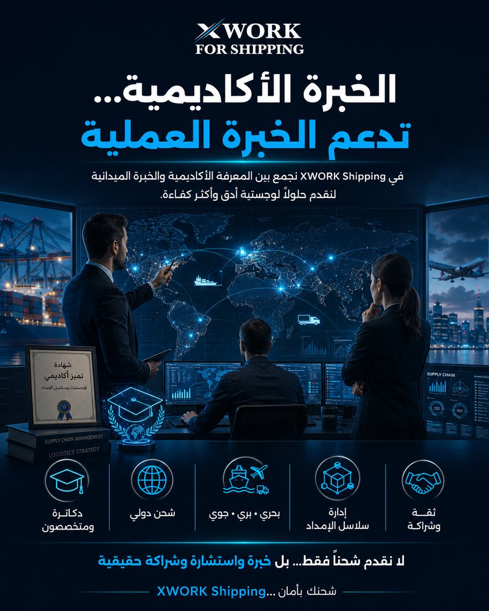 xworkshipping's tweet photo. في XWORK For Shipping لا نعتمد فقط على سنوات الخبرة في مجال الشحن والخدمات اللوجستية، بل نفخر بأن فريقنا يضم دكاترة وأكاديميين متخصصين في اللوجستيات، وإدارة سلاسل الإمداد، والتجارة الدولية، إلى جانب خبراء يمتلكون خبرات عملية واسعة في إدارة عمليات الاستيراد والتصدير والشحن الدولي. https://t.co/rEIonBoFN9