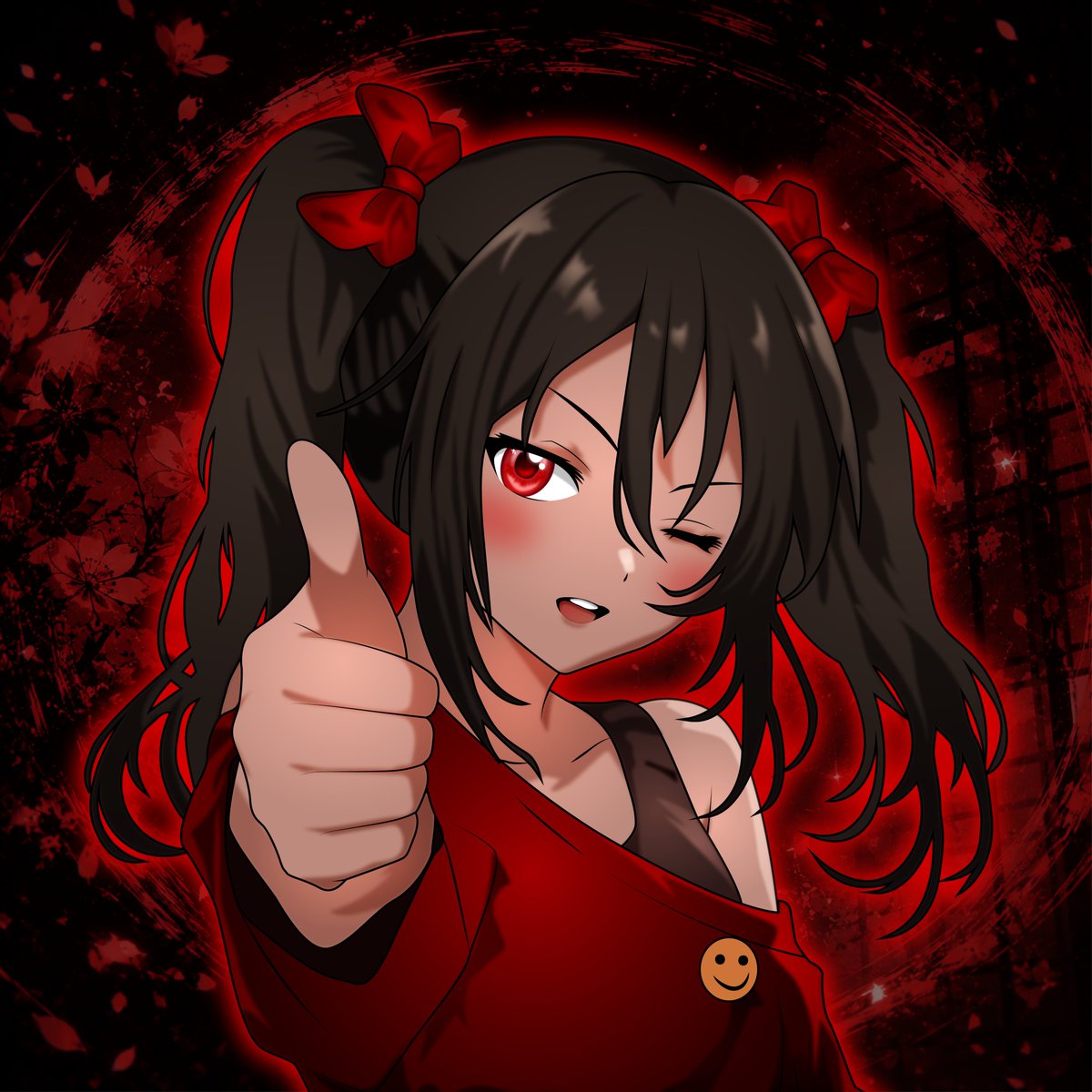 Artistic_lunna's tweet photo. A confident anime girl with twin ponytails, glowing crimson eyes, and a playful wink, giving a thumbs-up with a fearless smile. Wrapped in a bold red outfit with matching ribbons, she radiates confidence, energy, and determination. The dark red background with floral and abstract https://t.co/uTWcCuxXFd