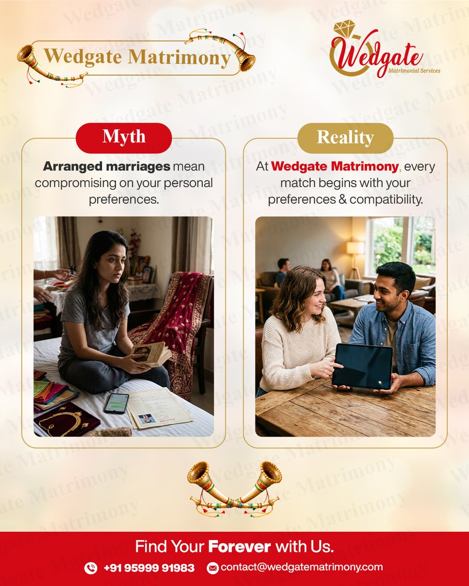 wedgate's tweet photo. Myth or Reality?🤔
At Wedgate Matrimony, every match begins with trust, compatibility &amp; your choice❤️
💍 Find your forever with us.
📞 9599991983
#WedgateMatrimony #MythVsReality #ArrangedMarriage #ModernMatchmaking https://t.co/cEceAkWZBE