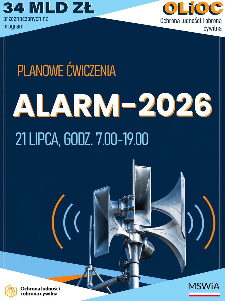 MSWiA_OLiOC_GOV's tweet photo. 🚨 We wtorek, 21 lipca w godz. 7:00-19:00 w całej Polsce odbędą się ćwiczenia #ALARM2026

📢Będą uruchamiane syreny alarmowe. To planowy test systemów ostrzegania i współpracy służb. 

🟧Nie podejmuj działań, nie reaguj🟧

#OLiOC https://t.co/Znb19wY3zD