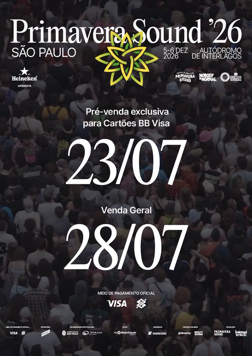 mapafestivais's tweet photo. FINALMENTE temos notícias sobre o Primavera Sound São Paulo 🌸

• pré-venda exclusiva para cartões BB Visa no dia 23/07

• venda geral no dia 28/07

já prepara o cartão! https://t.co/wby26hru5V