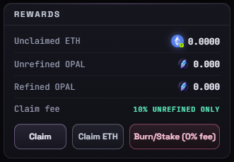 opalrhfun's tweet photo. Mine. Choose. Preserve. 

Every successful mine gives you three options:

• Claim ETH + Unrefined/Refined $OPAL (10% fee applies to the Unrefined $OPAL only.)
• Claim ETH only
• Burn/Stake your Unrefined $OPAL (0% fee)

Burn/Staking permanently locks your tokens and earns 4× staking rewards.

Built to reward long-term miners.
