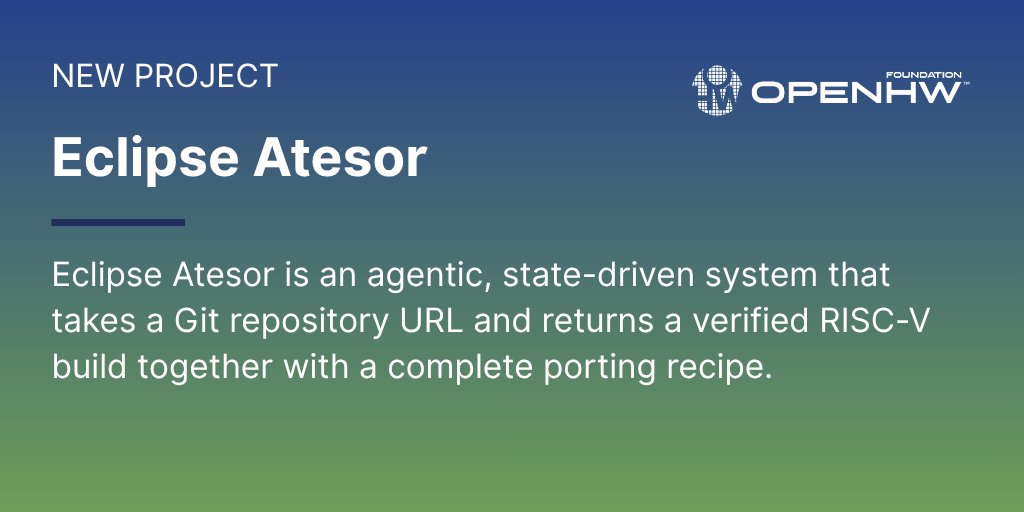 OpenHWFdn's tweet photo. 🙌 We're excited to announce a new project release: Eclipse Atesor
This project provides a build system and a package neutral agentic system which is fully autonomous and can self research, generate recipe, patch and test packages for RISC-V.

Learn more: https://t.co/tRtngcAQMQ https://t.co/8rnuIpzqaY