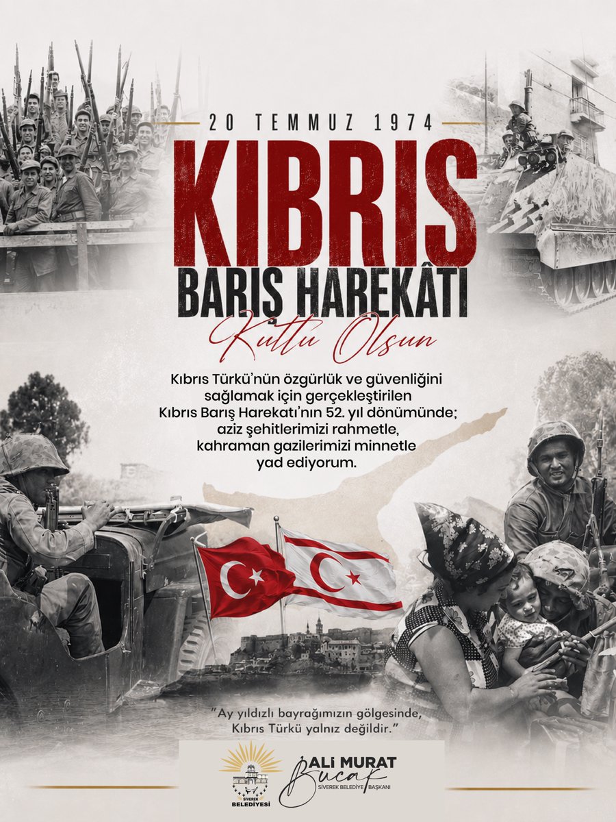 bucakalimurat82's tweet photo. 20 Temmuz 1974'te, Kıbrıs Türkü'nün varlık ve özgürlük mücadelesine umut olan Kıbrıs Barış Harekâtı'nın 52. yıl dönümünü gurur ve minnetle anıyoruz.

Başta harekâtın gerçekleştirilmesinde irade ortaya koyan devlet büyüklerimizi, kahraman Mehmetçiğimizi ve Mücahitlerimizi şükranla yâd ediyor; bu uğurda canlarını feda eden aziz şehitlerimize Allah'tan rahmet, kahraman gazilerimize sağlık ve hayırlı ömürler diliyorum.

20 Temmuz Kıbrıs Barış Harekâtı'nın 52. yıl dönümü kutlu olsun. 🇹🇷