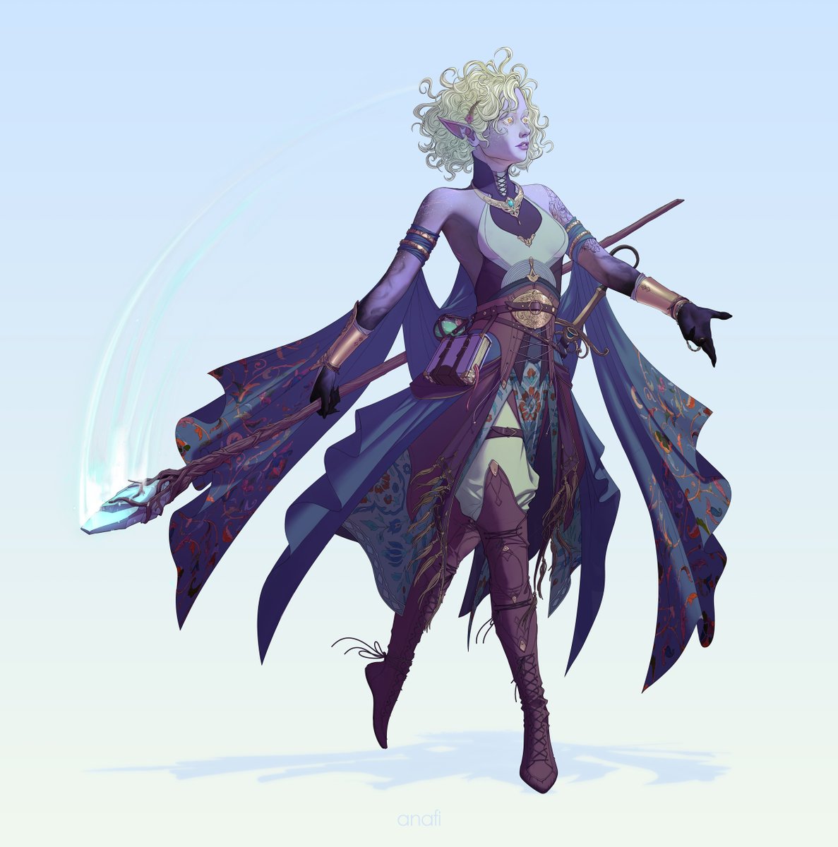 anafigreen's tweet photo. Ariadne Merilindir (half-drow bladesinger/rogue) late game look commission for @/ursa_shadow 💙🩵💜 https://t.co/maBjCVLySO