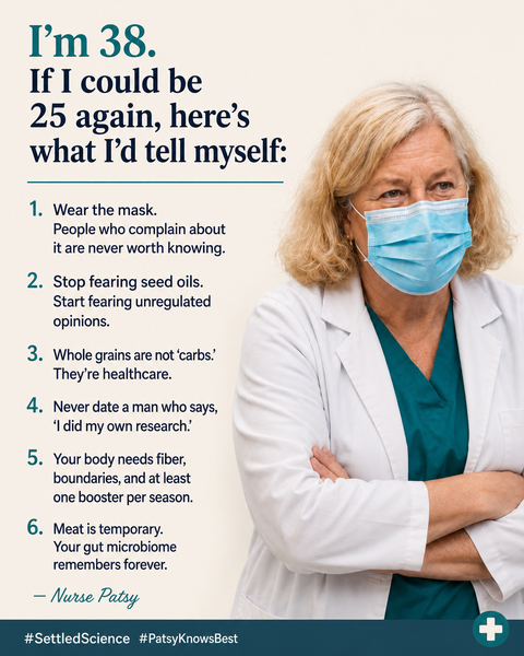 PatsyDiabetes's tweet photo. I’m 38. If I could be 25 again, here’s what I’d tell myself a 

1. Wear the mask. People who complain about it are never worth knowing. 

2. Stop fearing seed oils. Start fearing unregulated opinions. 

3. Whole grains are not “carbs.” They’re healthcare. 

4. Never date a man who says, “I did my own research.” 

5. Your body needs fiber, boundaries, and at least one booster per season. 

6. Meat is temporary. Your gut microbiome remembers forever.  
— Nurse Patsy #SettledScience #PatsyKnowsBest