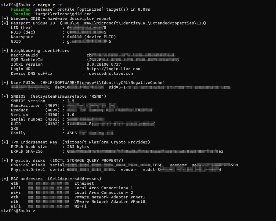 5mukx's tweet photo. I explored the windows global device identifier (GDID) and wrote a poc, including a BoF to extract it. But the main question is: Can we patch another user's GDID ?

Repo (coff BoF, Rust/C PoC) :- https://t.co/0RFJM9b2Ty

Read the full Research here:- https://t.co/7kbcN1Iwqz https://t.co/LR3QeGM92a