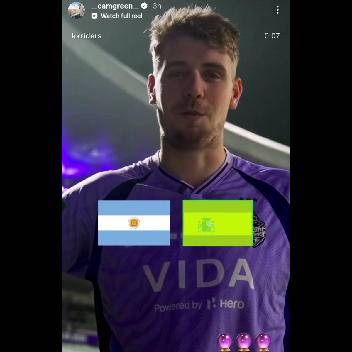 Rokte_Amarr_KKR's tweet photo. 📲 | Cam Green predicted Spain as the World Cup winners months in advance... and got it spot on. 😮🔮

All we need now is Green to say, "KKR will win IPL 2027." 💜😭 https://t.co/D9zmVV62ct
