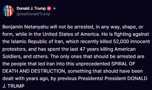 ILRedAlert's tweet photo. Trump says Netanyahu will not be arrested “in any way, shape, or form” while in the U.S., defending the Israeli prime minister and accusing Iran’s leadership of decades of violence against protesters and U.S. forces. https://t.co/BzM3BBvF1z