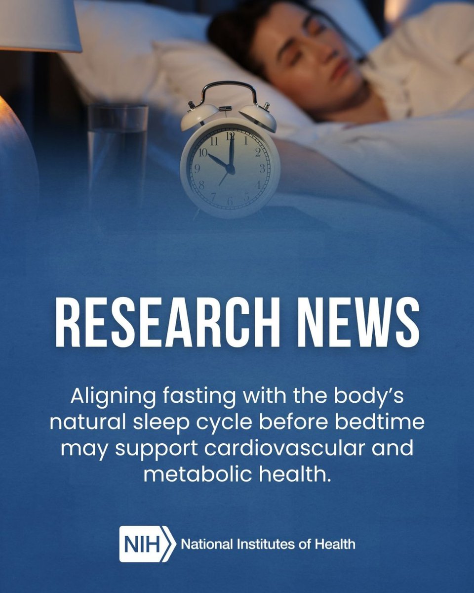NIH's tweet photo. NIH-supported researchers explored how beginning an overnight fast 3 hours before bedtime may support long-term heart and metabolic function. The study showed lower heart rates, reduced diastolic blood pressure, and lower cortisol levels during nighttime sleep. 

Read how aligning meals with the body’s natural sleep cycle can have an impact on health: https://t.co/9hD3noo5lL