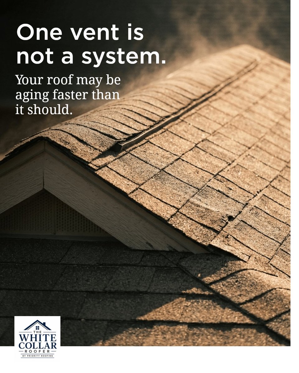 whitecollarroof's tweet photo. One vent won’t save the day. Your roof needs airflow that works as a team, not solo vents. Balanced intake and exhaust keep your roof healthy and lasting longer. Don’t let uneven ventilation age your roof early. Schedule an inspection today and protect your investment! https://t.co/p50MAo6D1B