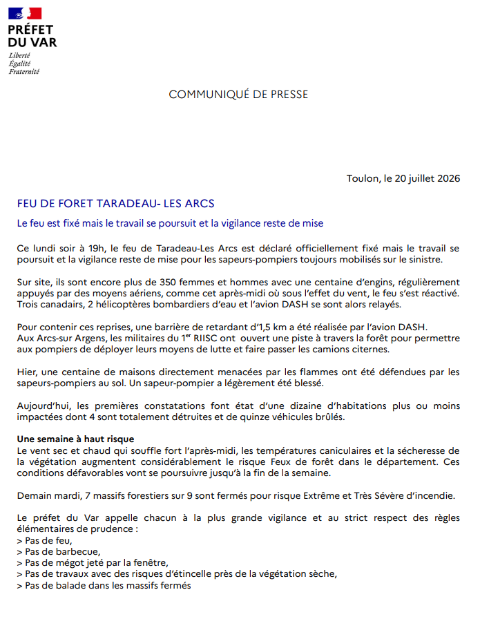 Prefet83's tweet photo. #Feu #Taradeau #LesArcs | Lundi 20 juillet - 19h.
> Le feu est fixé mais le travail se poursuit pour les 350 sapeurs-pompiers sur le terrain.
> Semaine à haut risque pour les #FeuxDeForêt dans le #Var https://t.co/gTIEBCg4WB