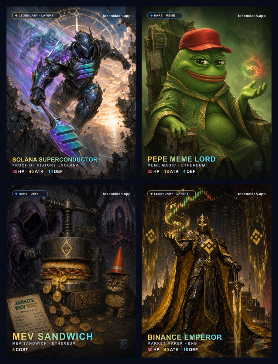 TokenClashTCG's tweet photo. every card in token clash is a real crypto asset, turned into its own oil-style art. sol, pepe, the mev bots, the founders. hundreds of them. you own them on chain, build a deck, and duel in 3 to 7 minutes. built on @solana, plays one tap on 
 @solanamobile seeker. this is what we have been building.
