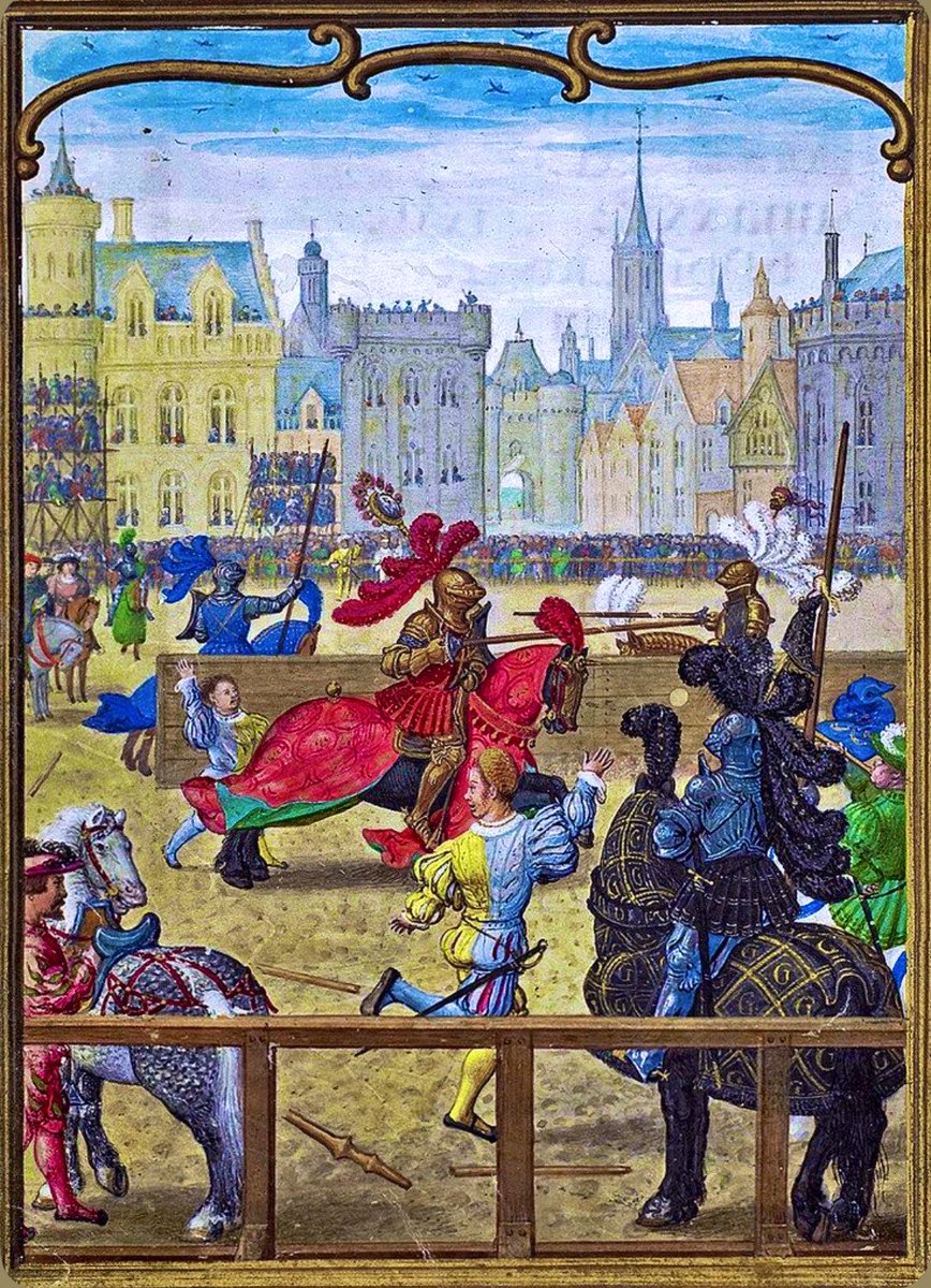Plantagenet1455's tweet photo. Illumination depicting a jousting tournament, painted around 1530 by the Flemish master Simon Bening. https://t.co/Wue3ybLuot