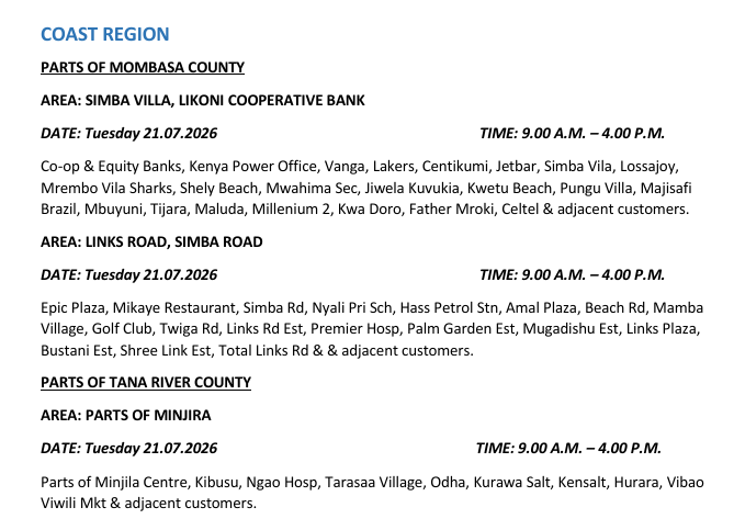 KenyaPower_Care's tweet photo. Good evening. The listed areas will be under planned power maintenance tomorrow (21st July 2026).^SM https://t.co/pebonG4eq5