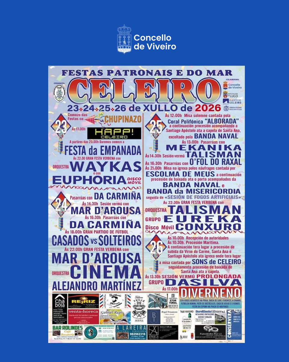 ConcelloViveiro's tweet photo. 🎉 𝐂𝐞𝐥𝐞𝐢𝐫𝐨 𝐞𝐬𝐭𝐚́ 𝐝𝐞 𝐟𝐞𝐬𝐭𝐚! 🌊⚓
A parroquia de Celeiro celebra as súas Festas Patronais e do Mar. Unha cita imprescindible para veciños, veciñas e visitantes, na que tradición, cultura e diversión van da man.
📅 Do 23 ao 26 de xullo
Boas festas, Celeiro! 💙 https://t.co/Fc0EfOw8rj