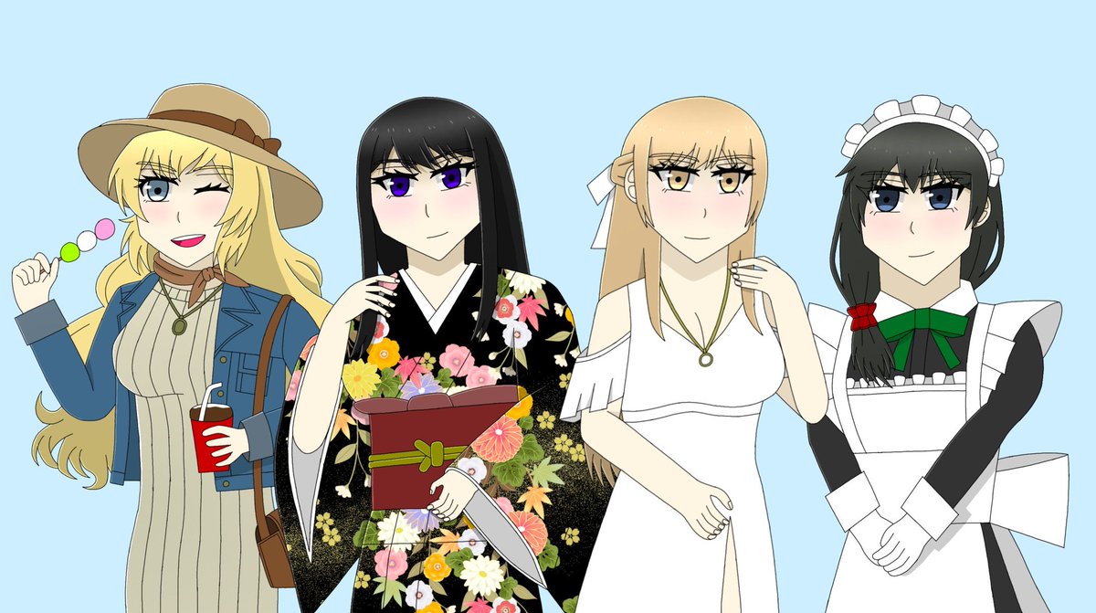 CRGo9T5jZI74277's tweet photo. #これを見た人はオリキャラの画像を貼れ
着物の女性黒沢沙織、金髪の女性篠宮愛莉珠、白い服の女性白鳥麗華、メイド服の女性ジル・ラナンキュラス https://t.co/R4hpvesEus