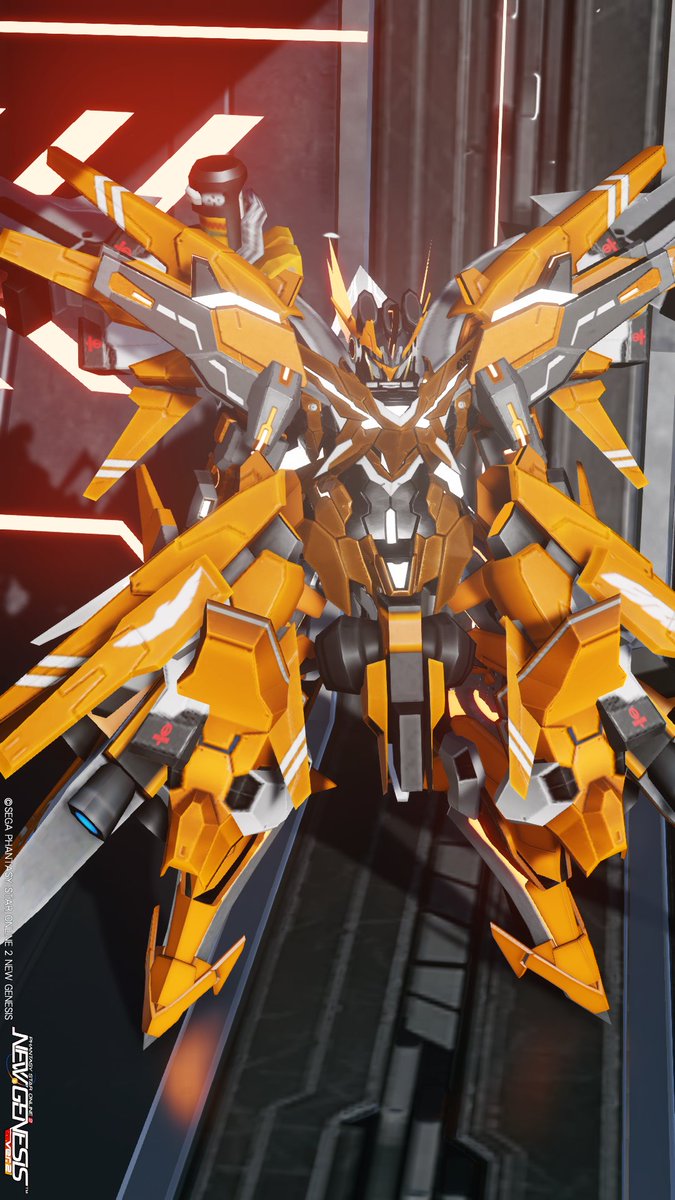 HgzWp6's tweet photo. #PSO2NGS #キャストはいいぞ
「🍊剣型ウィング×過剰ブースター×キャスト✈」

エーテルエネルギーを高効率で変換・制御し瞬時に
全身のスラスターが連動。大気圏内外で機動性を
発揮する空域制圧型メカフレーム____🔥🤖

下半身にもりもりスラスター！
背中には剣モチーフのウィング！
そして3コストでお顔もり👶💦

やりたいこと全部つめこめてヨシ🐱