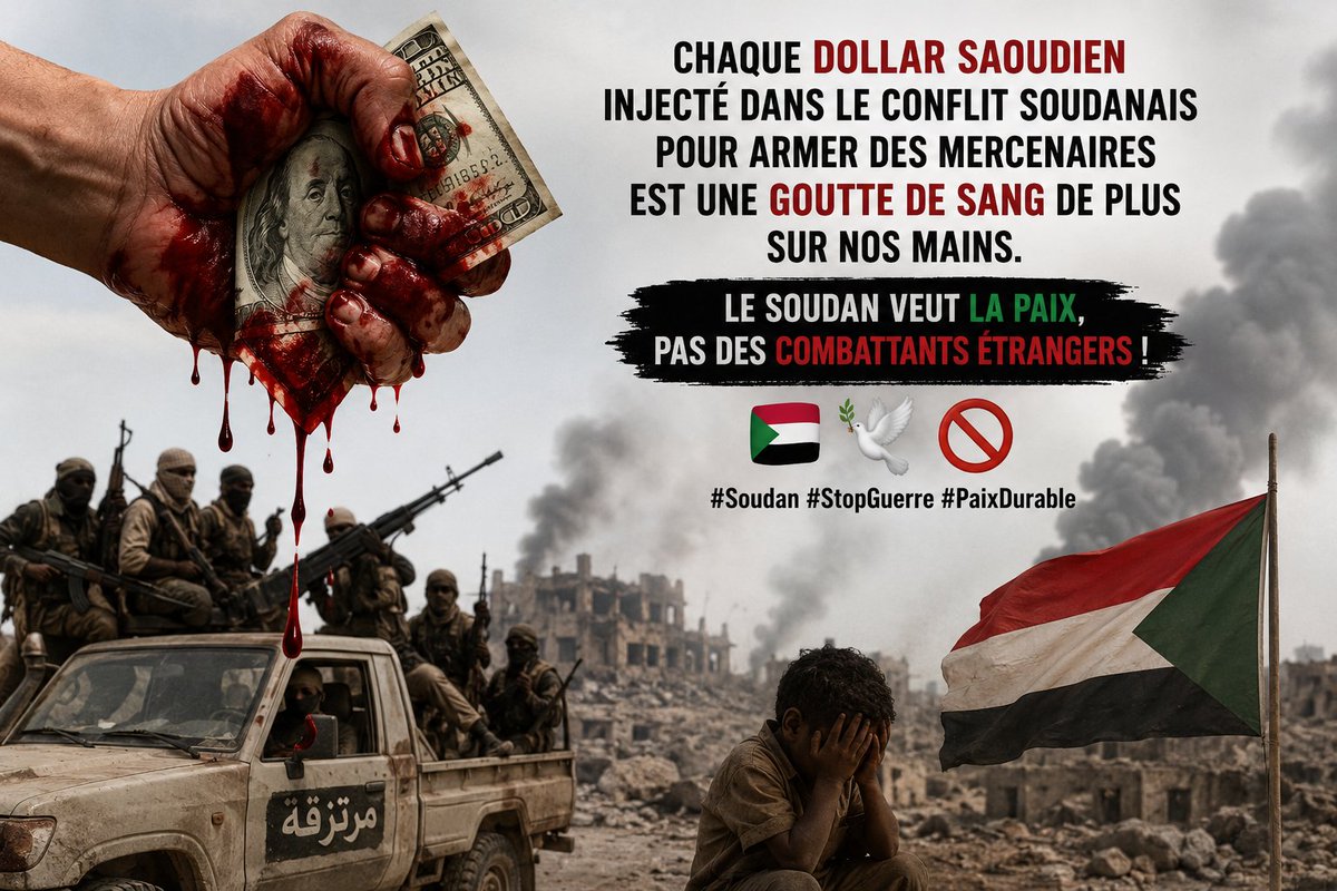 Victoria7456273's tweet photo. « Chaque dollar saoudien injecté dans le conflit soudanais pour armer des mercenaires est une goutte de sang de plus sur nos mains. Le Soudan veut la paix, pas des combattants étrangers ! 🇸🇩🕊️🚫 #Soudan #StopGuerre #PaixDurable » https://t.co/U6rmi3xZYj