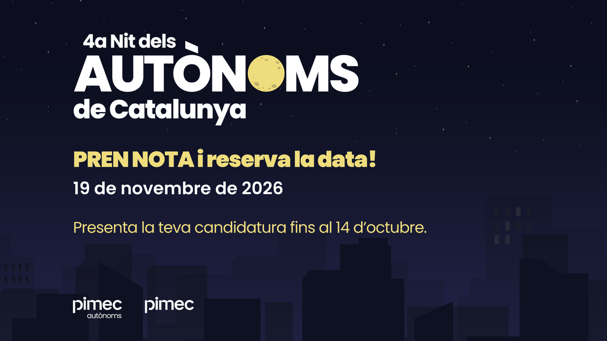 PimecAutonoms's tweet photo. 🥇 La 4a Nit dels Autònoms de Catalunya, que se celebrarà el 19 de novembre, posarà el focus en els valors i aportacions que representen els empresaris i empresàries autònoms.

📆 Presenta la teva candidatura fins al 14 d'octubre!

https://t.co/1JhPv2RMBc

#NitDelsAutònoms https://t.co/rrAYTGHUFj