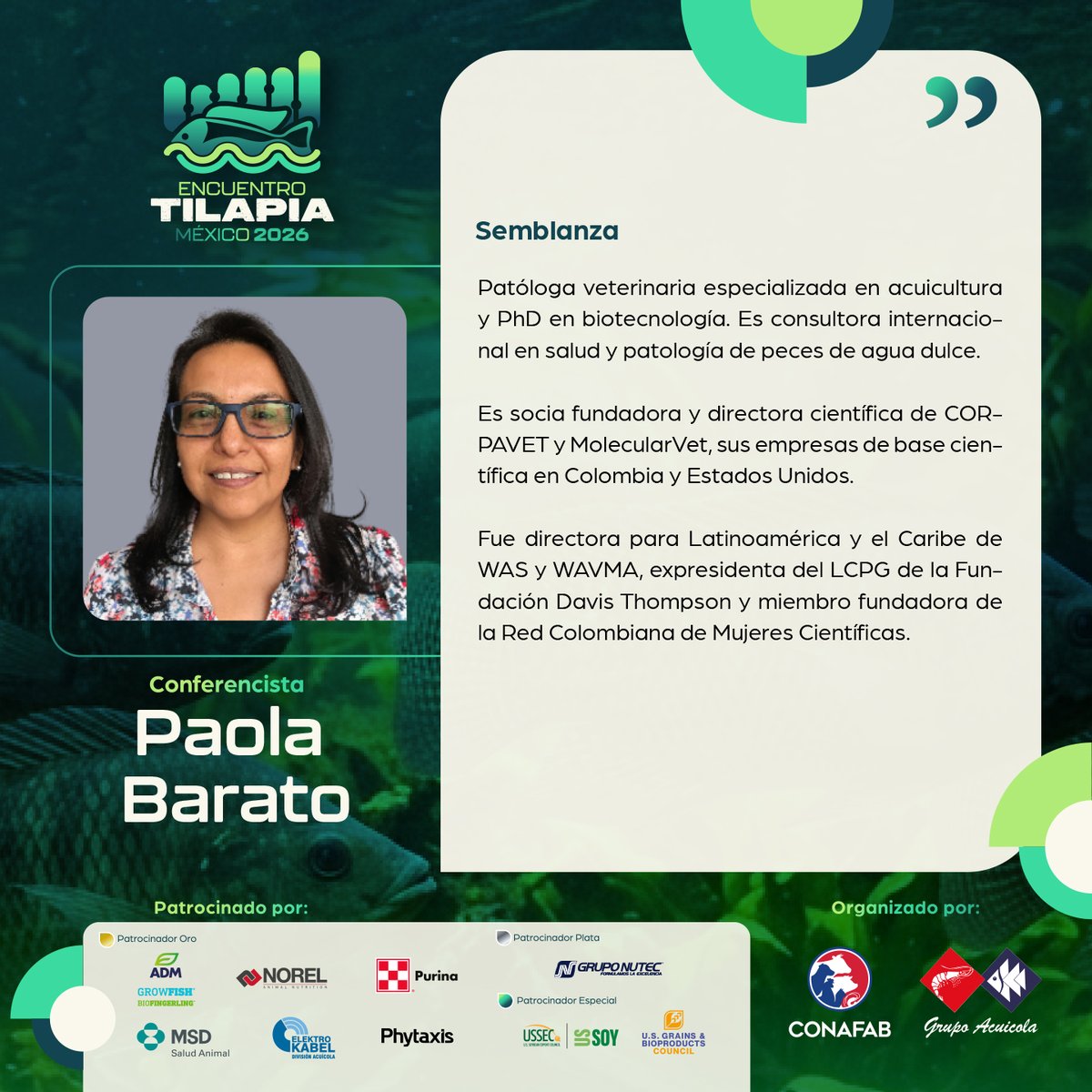 Conafab's tweet photo. La ciencia aplicada impulsa una acuacultura más saludable.
🔬 Paola Barato participará en el #EncuentroTilapiaMéxico2026 compartiendo su experiencia en salud y patología de peces.
#Tilapia #Acuacultura #SanidadAcuícola https://t.co/hKhIcB6tFs