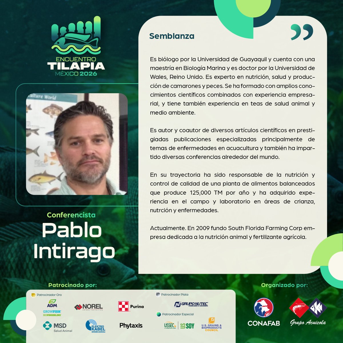 Conafab's tweet photo. La experiencia internacional llega al #EncuentroTilapiaMéxico2026.
🐟 Pablo Intirago compartirá conocimientos sobre nutrición, salud y producción acuícola.
#Tilapia #Acuacultura #Innovación https://t.co/MP0em2IzcU