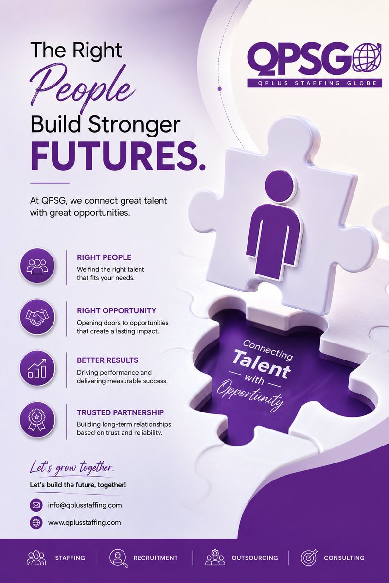 QPlusstaffing's tweet photo. 💜 The Right Talent. The Right Opportunity. The Right Future.
At QPSG – Q Plus Staffing Globe, we don't just fill positions—we build lasting partnerships by connecting exceptional talent with leading organizations. https://t.co/vmubmZMKgU