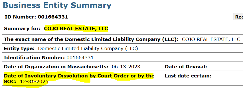 johnfgately's tweet photo. NO DUE DILIGENCE Cojo Real Estate LLC the "Massachusetts-based minority-owned development firm" was created on June 13, 2023 with a three page SoS filing.  Cojo never filed again with the SoS, including no annual report for 2024 or 2025. https://t.co/mCU2XEf9RH