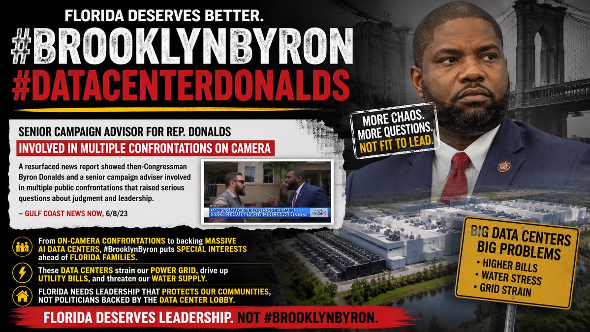 annvandersteel's tweet photo. ☀️Good Morning, today is the first in a series this week to take a closer look 🧐at Byron Donalds,  his best friend from N.Y., and his senior advisor, Larry Wilcoxon. 

This is a series about why Floridians need to vote for Florida First candidate, Paul Renner ….

🍊Florida deserves a Governor who surrounds himself with professionalism, not chaos.

A resurfaced news report showed then-Congressman Byron Donalds and a senior campaign adviser involved in multiple public confrontations that raised serious questions about judgment and leadership. (WBBH⁠￼)

Now add that to the questions surrounding support for massive AI hyperscale data centers, and Floridians should be asking whether #BrooklynByron is putting special interests ahead of our communities.

Florida needs leadership that protects our families, our property rights, and our future, not another politician backed by the data center lobby.

#BrooklynByron #DataCenterDonalds