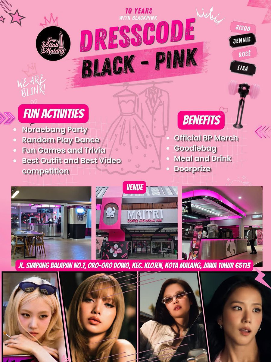 idextratime's tweet photo. 𝑻𝑯𝑬 𝑷𝑰𝑵𝑲 𝑫𝑬𝑪𝑨𝑫𝑬 🖤🩷

BLACKPINK 10TH ANNIVERSARY EVENT
by BLINK Malang OFC

Is finally here! ✨

Mari rayakan 10 Tahun BLACKPINK bersama BLINK dari seluruh Jawa Timur dalam satu momen yang penuh keseruan, nostalgia, dan kebersamaan! 🖤🩷

📅 09 Agustus 2026
🕑 14.00 – 20.00 WIB
📍Maitri Coffee & Social Hub, Malang
🎟️ Rp85.000

🎁 What’s Included?
• Goodie Bag
• Photocard Set
• Hand Banner
• Hand Fan
• Keyring
• Sticker
• Noraebang
• Random Play Dance
• Fun Games
• Giveaways
• Anniversary Celebration
• Official Merchandise Prizes

━━━━━━━━━━━━━━

🎥 𝑪𝒓𝒆𝒂𝒕𝒊𝒗𝒆 𝑽𝒊𝒅𝒆𝒐 𝑪𝒐𝒎𝒑𝒆𝒕𝒊𝒕𝒊𝒐𝒏

Theme: “My Journey as a BLINK”

Share your journey as a BLINK in the most creative way! Show us your memories, experiences, and special moments with BLACKPINK.

📅 Submission Period
15 July – 5 August 2026

🏆 Prize
BLACKPINK DEADLINE Album (Pink Ver.)

✨ 3 video terbaik akan diputar saat event berlangsung, dan pemenang utama akan dipilih melalui Live Voting oleh seluruh peserta.

━━━━━━━━━━━━━━

👗 𝑩𝒆𝒔𝒕 𝑶𝒖𝒕𝒇𝒊𝒕 𝑪𝒐𝒎𝒑𝒆𝒕𝒊𝒕𝒊𝒐𝒏

Show us your best BLACKPINK-inspired outfit!

Mulai dari MV, konser, airport fashion, hingga era favoritmu. Saatnya tampil percaya diri dan tunjukkan style terbaikmu! ✨

🏆 Prize
BLACKPINK BORN PINK Album (Black Ver.)

━━━━━━━━━━━━━━

Let’s celebrate 10 Years with BLACKPINK together and create unforgettable memories with fellow BLINKs! 🖤🩷

📩 Registration & More Info
DM @/blink.malangofc [Instagram]

✨ See you at the event!