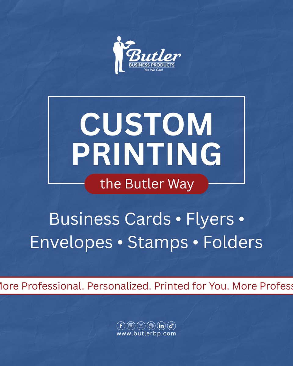 ButlerBusiness's tweet photo. Butler Business Products isn’t just about office supplies... we bring your brand to life. Our printing services cover it all: business cards, postcards, flyers, envelopes, letterhead, stamps, and even event materials like tickets, calendars, and table tents. https://t.co/EuE9DKpUgD