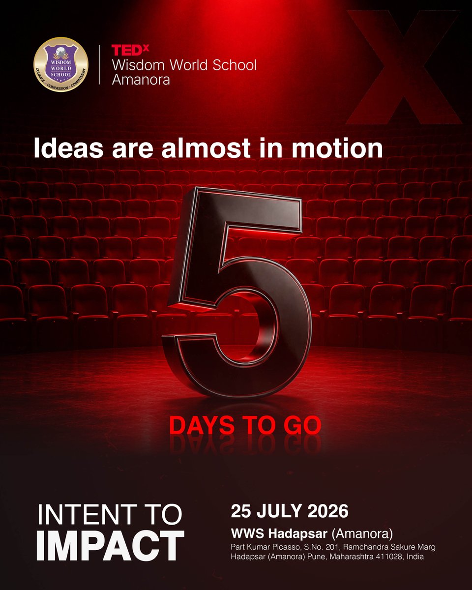 WorldPune's tweet photo. β³ 5 days to go!
A day of ideas, stories, inspiration, and meaningful conversations awaits.
See you at TEDxWisdomWorldSchool Amanora on 25 July 2026 π€
#TEDxWisdomWorldSchool #IntentToImpact #TEDx #IdeasWorthSpreading https://t.co/zsq2fUr1gu