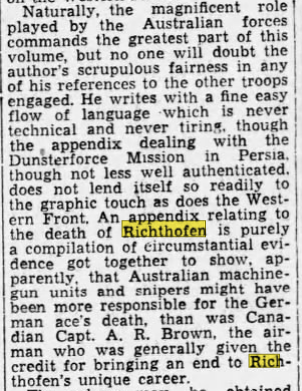 AirPowerHistory's tweet photo. Interesting paragraph from a 1937 review of volume V of C.E.W. Bean's official history of the First World War. It was a generally positive review apart from this... I wonder why... #WW1 #Richthofen #airpowerhistory #officialhistory https://t.co/xjDZdQhPYc