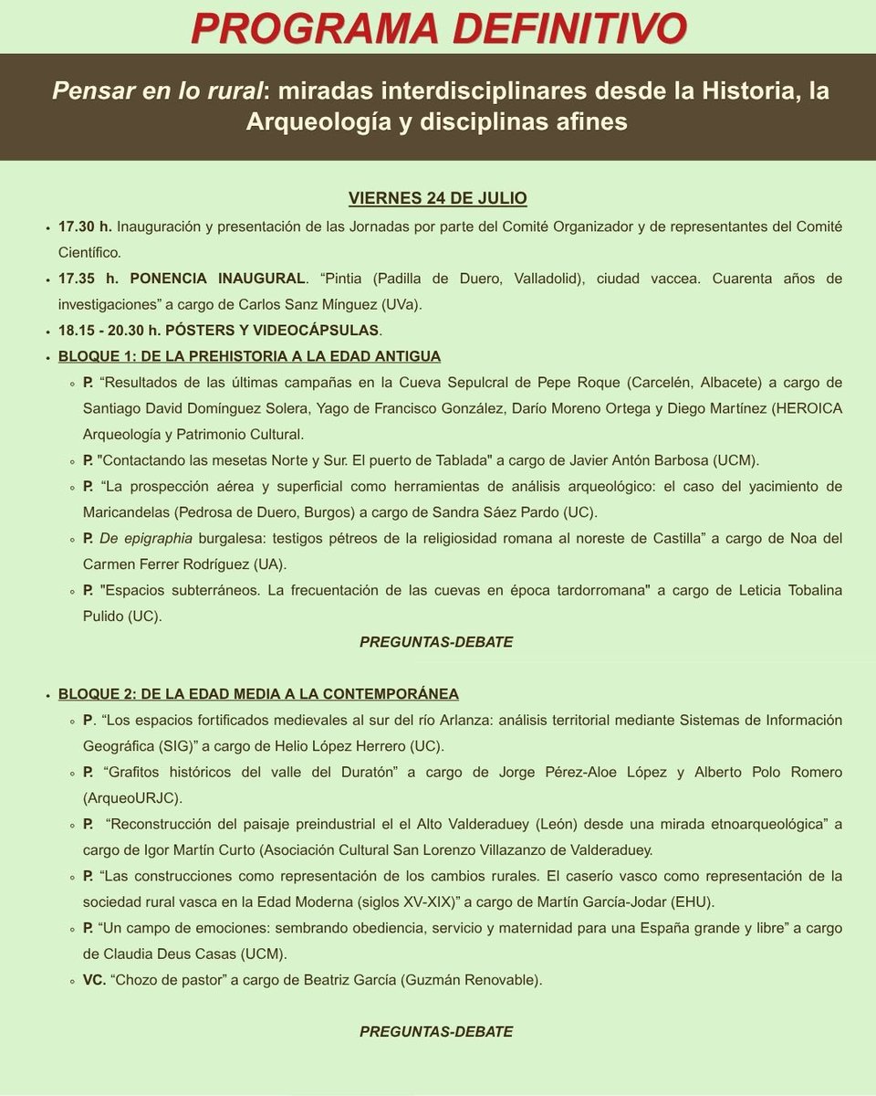 ArqueoURJC's tweet photo. 🟢 PROGRAMA DE PENSAR LO RURAL  🟢

🏺Os dejamos el programa definitivo de las jornadas “Pensar en lo rural: miradas interdisciplinares desde la Historia, la Arqueología y disciplinas afines”. https://t.co/YrcrRv0PO9