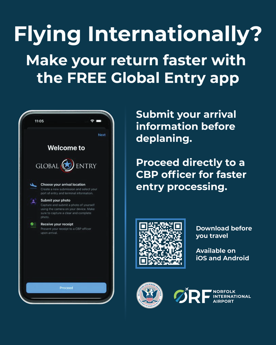 FlyORF's tweet photo. Hey, Global Entry travelers! Make your return faster with the free Global Entry app 🤳 Simply submit your arrival information before deplaning and then proceed directly to a CBP officer for faster entry processing. It's that easy! Just make sure to have it downloaded before your travel day ✈️ 

Available on iOS and Android