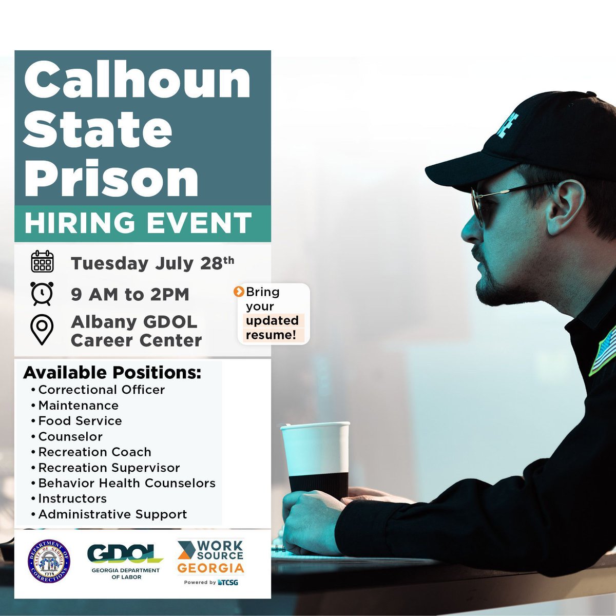 WorkSourceGA's tweet photo. The Calhoun St Prison Recruitment Event in Albany GA:
July 28 | 9AM to 2PM | Albany GDOL Career Ctr

Apply for Corr. Officer, Maint, Food Svc Counselor and more!

visit https://t.co/Y7sCreQoyW to register for FREE and find out more!

#albanyga #georgiajobs #correctionsjobs https://t.co/2ShG0EyVaL
