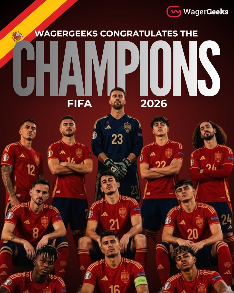 WGeeks_Official's tweet photo. Congratulations to Team Spain on becoming the @FIFAWorldCup 2026 Champions from WagerGeeks!

Football has once again reminded us that success isn't built in a single match. It's built through consistency, preparation, resilience, and teamwork.
#FIFA2026 #Spain #Win https://t.co/fWPGPLkuR0