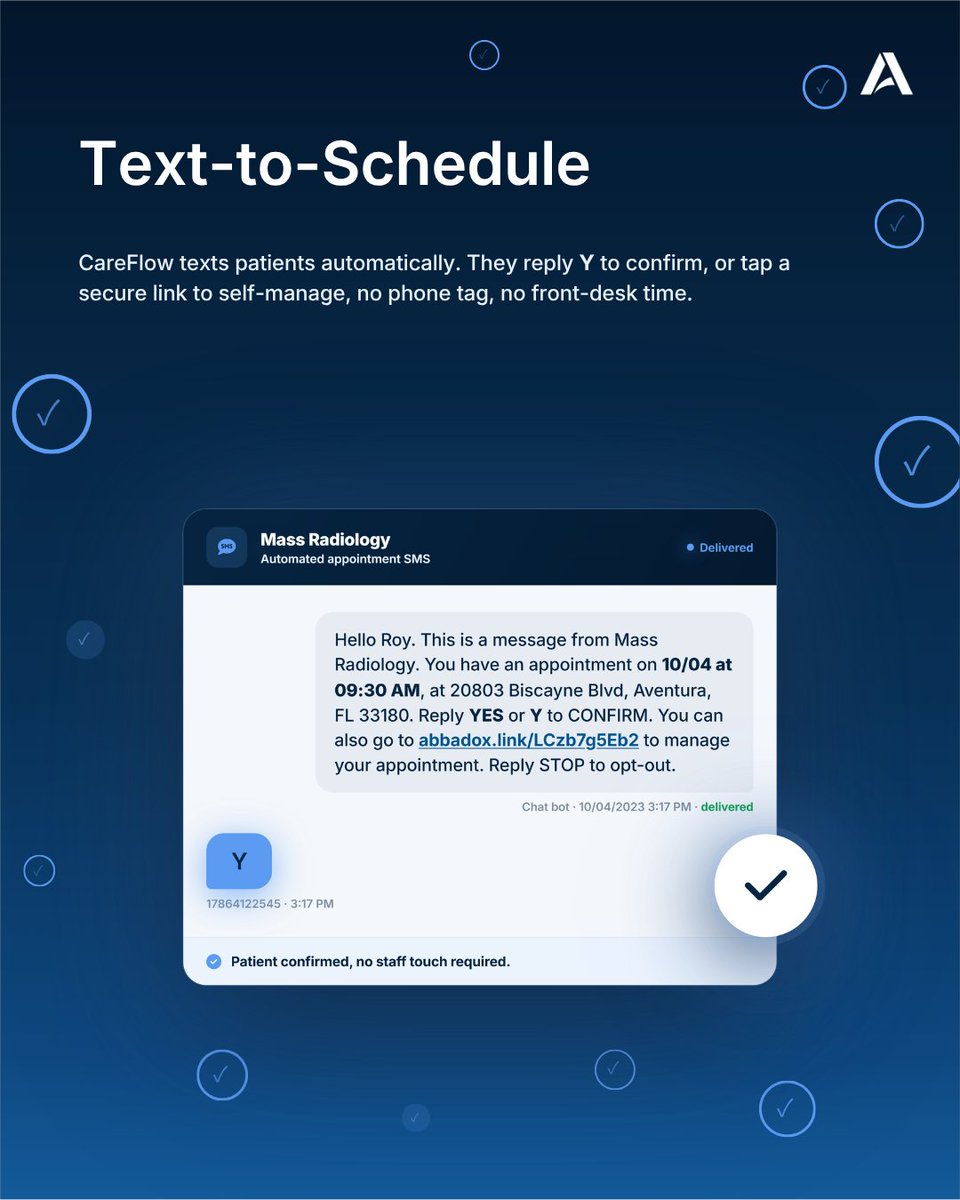 AbbaDox's tweet photo. The scheduling bottleneck isn't a staffing problem. It's a capacity problem wearing a staffing costume.

CareFlow closes that gap with patient scheduling that runs itself, from first text to final confirmation.

Discover more at https://t.co/ZtwoGQnxGq 👉 https://t.co/Rq6DSboywZ