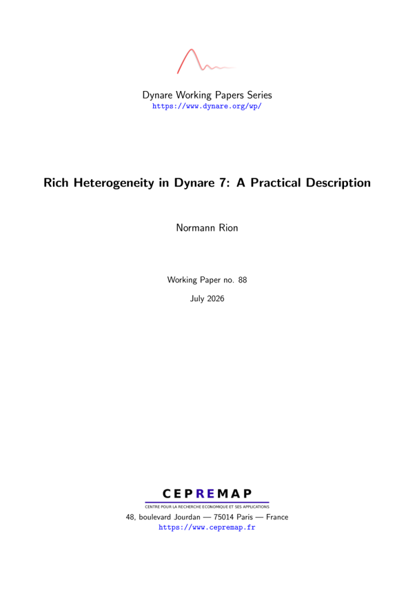 int_mon_econ's tweet photo. Very valuable!

"Rich Heterogeneity in Dynare 7: A Practical Description" by Normann Rion.

"This document is the mathematical companion of the heterogeneous-agent toolkit shipped with Dynare 7."

https://t.co/Cv9PuHrPVe https://t.co/FO9fQUHYWY