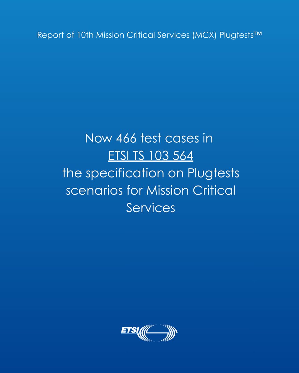 ETSI_STANDARDS's tweet photo. 🚑 ETSI’s 10th Mission Critical Plugtests™ achieved a 92% interoperability success rate across 356 tests and 112 sessions. A key step towards reliable cross-agency voice, data & video communications on 4G/5G networks. 👉 https://t.co/wFlVCUOiwC #MCX #3GPP #ETSI https://t.co/lfBgSFvDOh