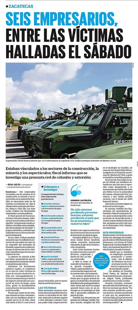 JJDiazMachuca's tweet photo. SEIS EMPRESARIOS, ENTRE LAS VÍCTIMAS HALLADAS EL SÁBADO EN EL ZACATECAS GOBERNADO POR EL MORENISTA DAVID MONREAL.

Seis empresarios asesinados, además de exfuncionarios municipales y un exregidor, mientras la presidenta Claudia Sheinbaum y su secretario de Seguridad presumen que la inseguridad va a la baja.

Pero bueno… había cosas más importantes. La presidenta sí tuvo tiempo para asistir a la clausura del Mundial, después de decir que nunca iría a un partido de fútbol, ni siquiera de la Selección Mexicana.

Ezdeque México ya es más seguro…