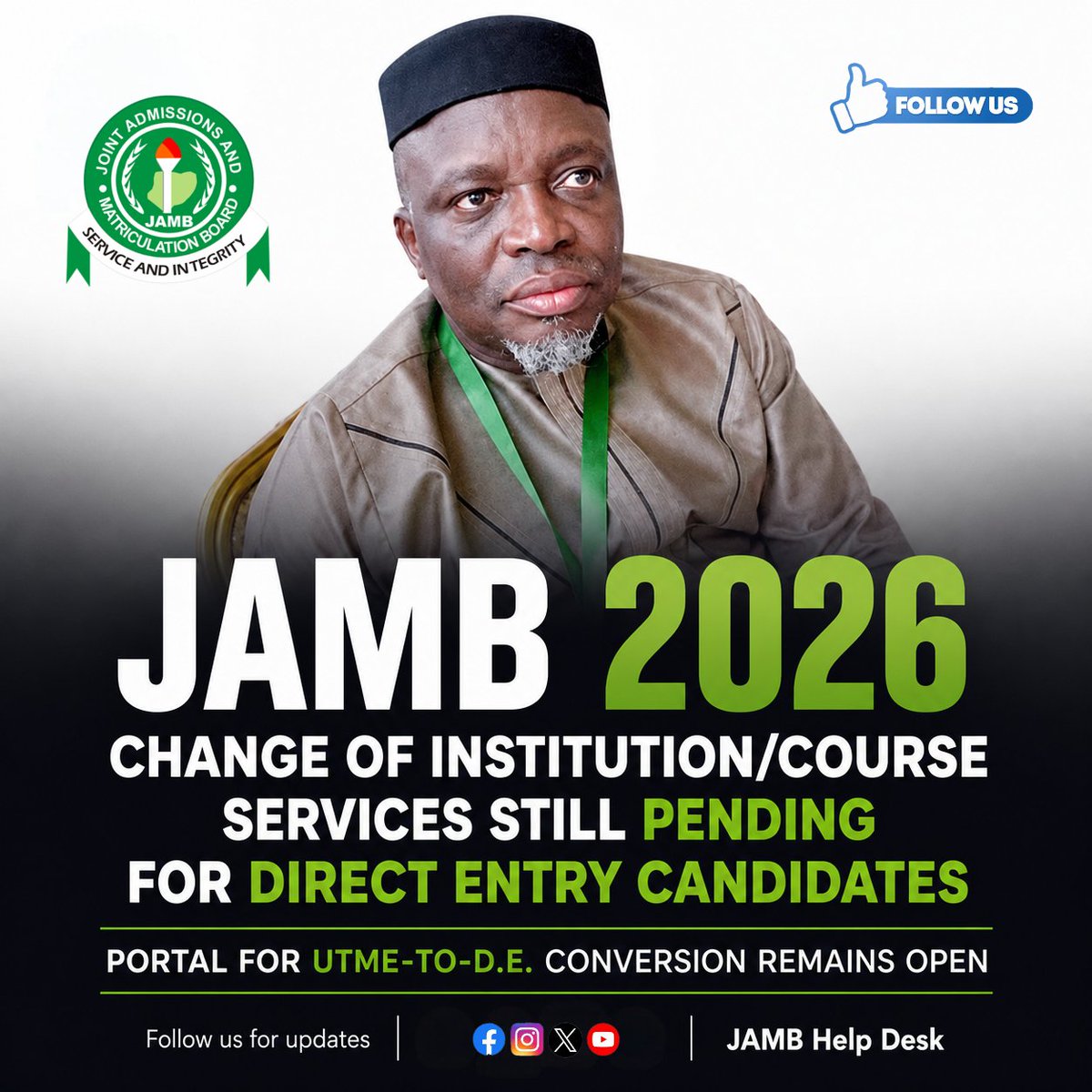 UTMEHQ's tweet photo. 📢 JAMB: Change of Institution/Course services for 2026 Direct Entry candidates NOT yet activated — please be patient. UTME-to-DE conversion portal remains OPEN for eligible candidates. More updates soon. #JAMB2026 #JAMBUpdate #DirectEntry #UTME https://t.co/koD3e4rbfs