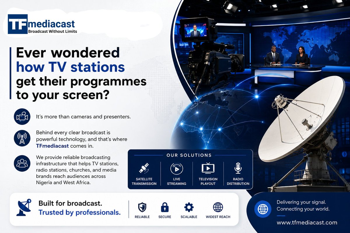 tfmediacast's tweet photo. Ever wondered what powers your favorite TV broadcasts?

TFmediacast delivers the technology behind seamless broadcasting across Nigeria and West Africa.

📡 Built for broadcast. Trusted by professionals.

#TFmediacast #BroadcastingNigeria #MediaTechnology #TrefoilNetworks https://t.co/EAdbwruOgu