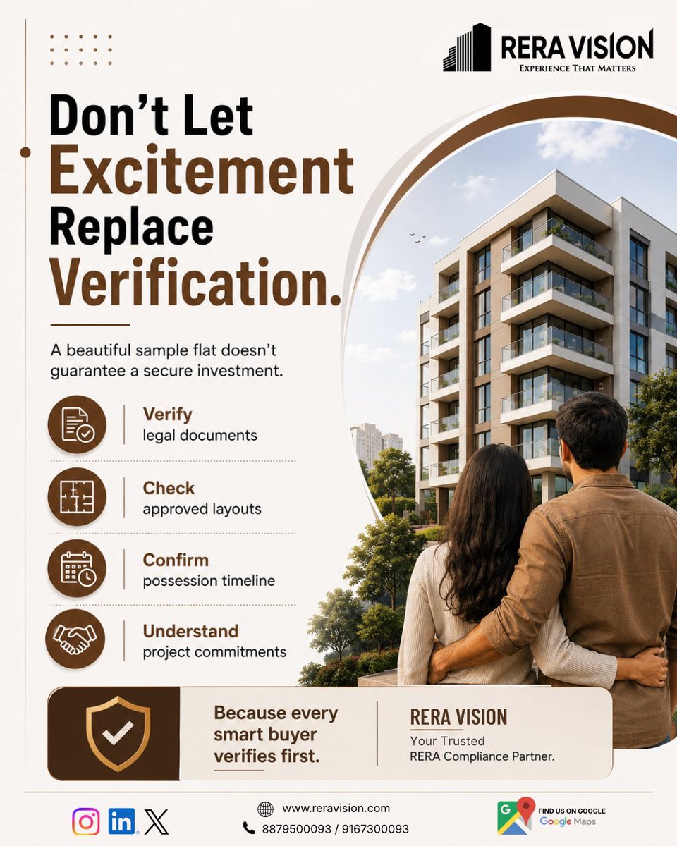 ReraVision's tweet photo. A beautiful sample flat can impress. A verified project protects your investment.

Before booking:
✔ Legal documents
✔ Approved layouts
✔ Possession timeline
✔ Project commitments

Because every smart buyer verifies first.

#RERAVision #HomeBuyer #RERA #RealEstate https://t.co/p6T7MKHXOS