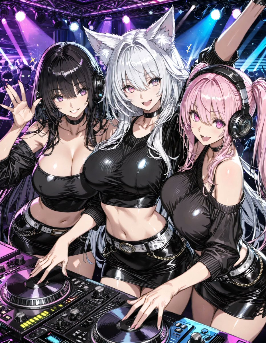 ExMobuu9999's tweet photo. Three DJs. Zero chance of staying focused.

#AIart #AnimeArt #DJGirls #Kemonomimi #Nightclub #NeonVibes https://t.co/7AEPpxchgn