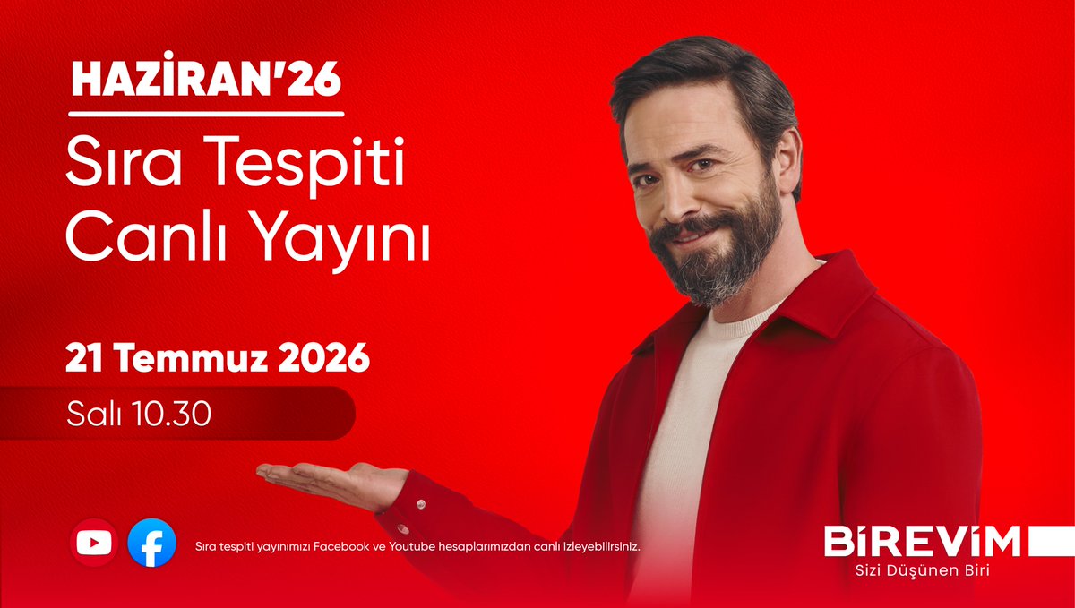 birevim's tweet photo. Haziran 2026 Sıra Tespiti programımızla ev, araba ve işyerine kavuşacak tasarruf sahiplerimizin isimlerini ve teslimat tarihlerini belirliyoruz. Tasarruf sahiplerimiz, noter huzurunda gerçekleştirilen sıra tespit programımızı YouTube ve Facebook üzerinden canlı olarak izleyebilirler.

Birevim | 444 23 53

#SiziDüşünenBiri
