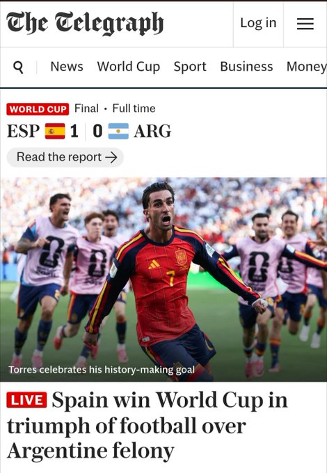 Cr7stianismo_'s tweet photo. 🚨El diario británico Telegraph tituló así la final del Mundial:

"España gana el Mundial en un triunfo del fútbol sobre la delincuencia argentina. Fútbol 1-0 Delincuentes"

Todo el mundo han visto lo corrupta que es la Argentina de Messi. https://t.co/WEcaYPSfCr