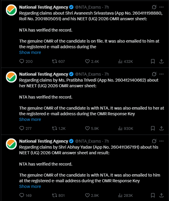dibakardutta_'s tweet photo. Today, NTA exposed 5 students who digitally altered their OMR sheets to claim a discrepancy in their final NEET marks.

Some of them scored as low as 38 marks out of 720.

It is one thing to get low marks and another thing to come on national media and lie with impunity.

Some of these students are just 18 years old. 

These kids are manipulating their OMR sheets using AI and playing the 'victim card.'

Vulture journalists are then using their fake sob stories to peddle political propaganda. 

But this made me think about the mindset of these students and, particularly, their parents.

The NTA needs to file FIRs against them. This will act as a deterrent for those willing to create mass hysteria and panic.