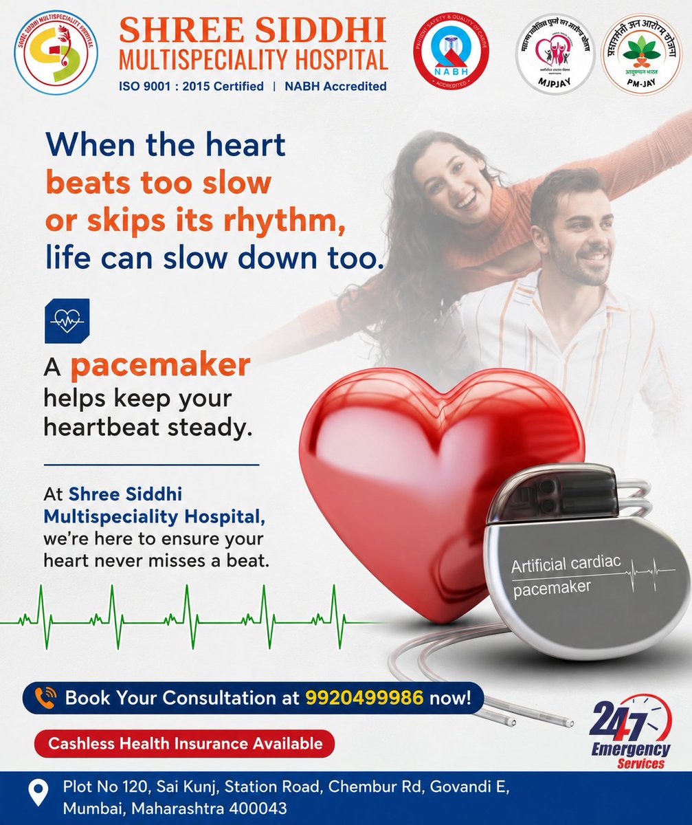 HospitalSh46940's tweet photo. ❤️ Keep Your Heart Rhythm Steady, Keep Life Moving!
A slow heartbeat or irregular rhythm can affect your daily life. A Pacemaker helps maintain a steady heartbeat and supports better heart function.
💙 Your Heart Deserves Expert Care.
📞 Book Your Consultation: 9920499986 https://t.co/e1orFC01fi